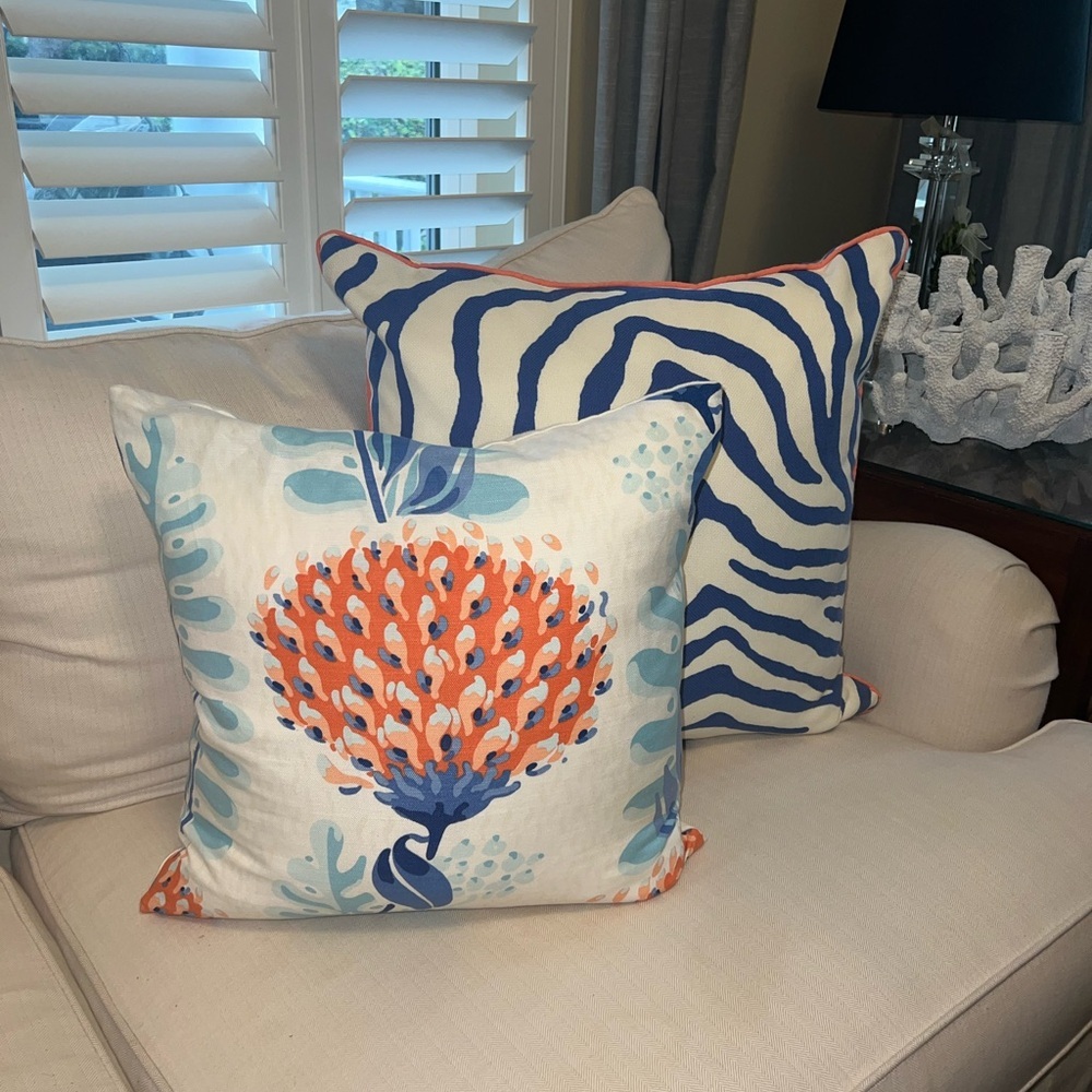 Custom Zebra Print Blue and White Throw Pillow with Coral trim, EUC - Picture 2 of 2